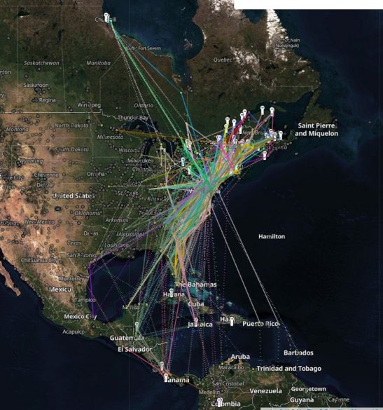 Migration tracks of birds passing through Wilmington