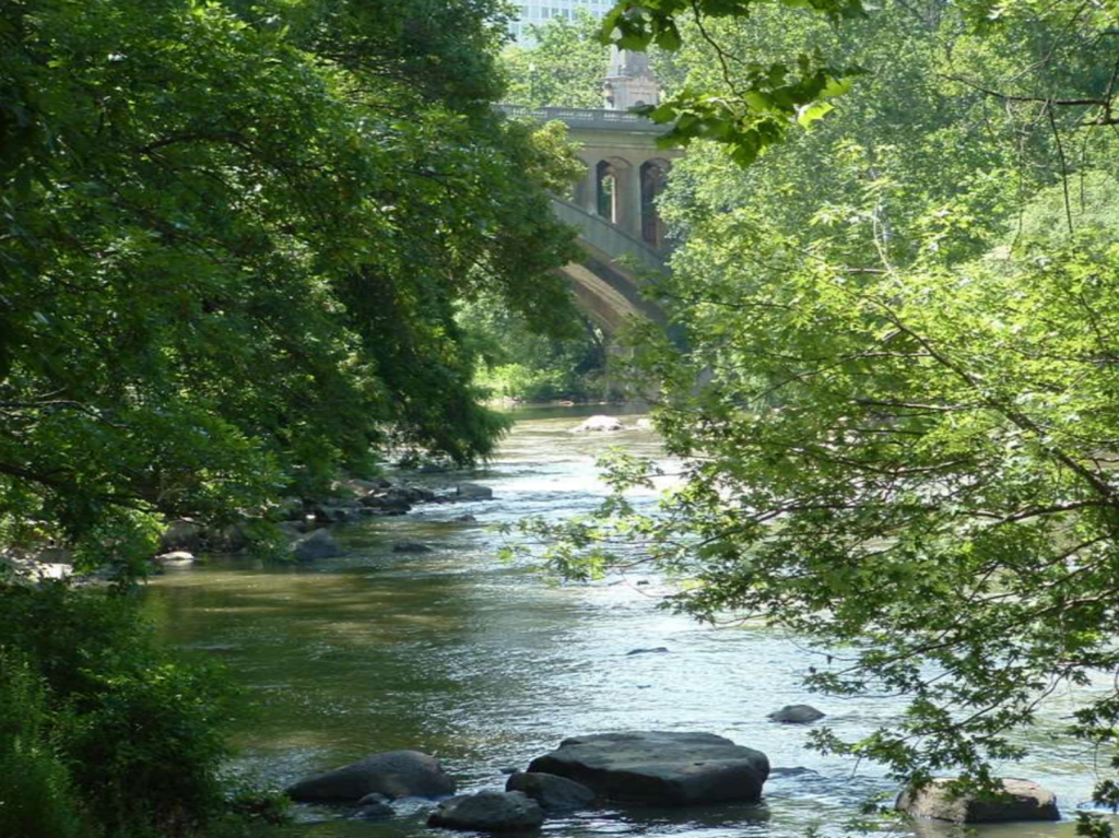 Delaware River flowing between forested hills.