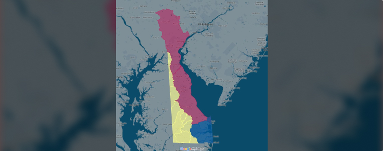 Map of Delaware with three watershed regions highlighted in different colors.