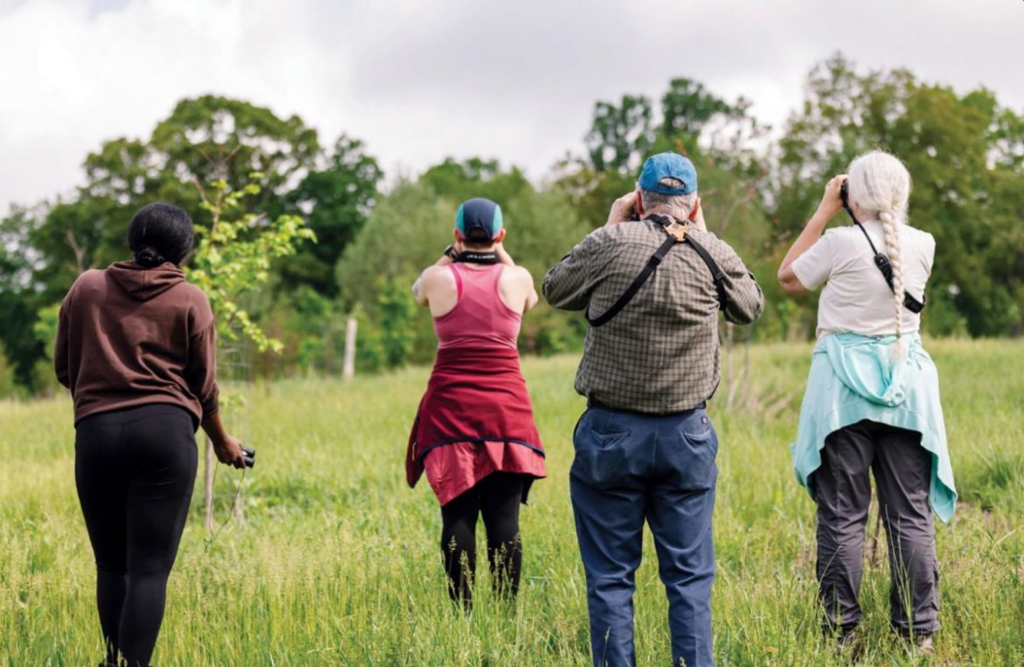 People looking through binoculars in an open field.